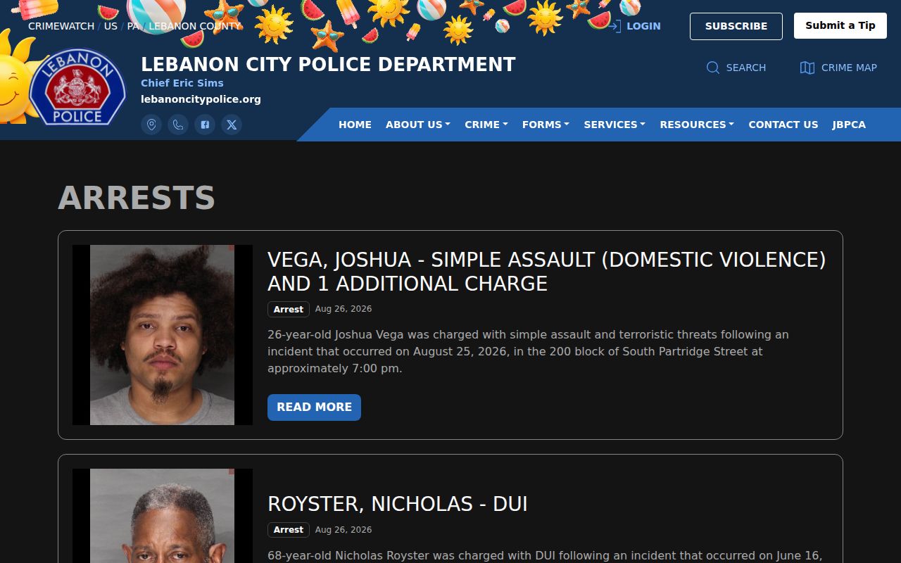 Official Lebanon City Police CRIMEWATCH arrests feed