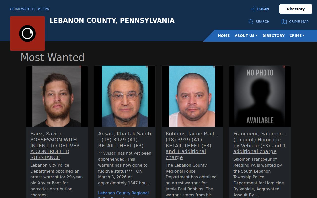 Lebanon County wanted-fugitives records view on official CRIMEWATCH