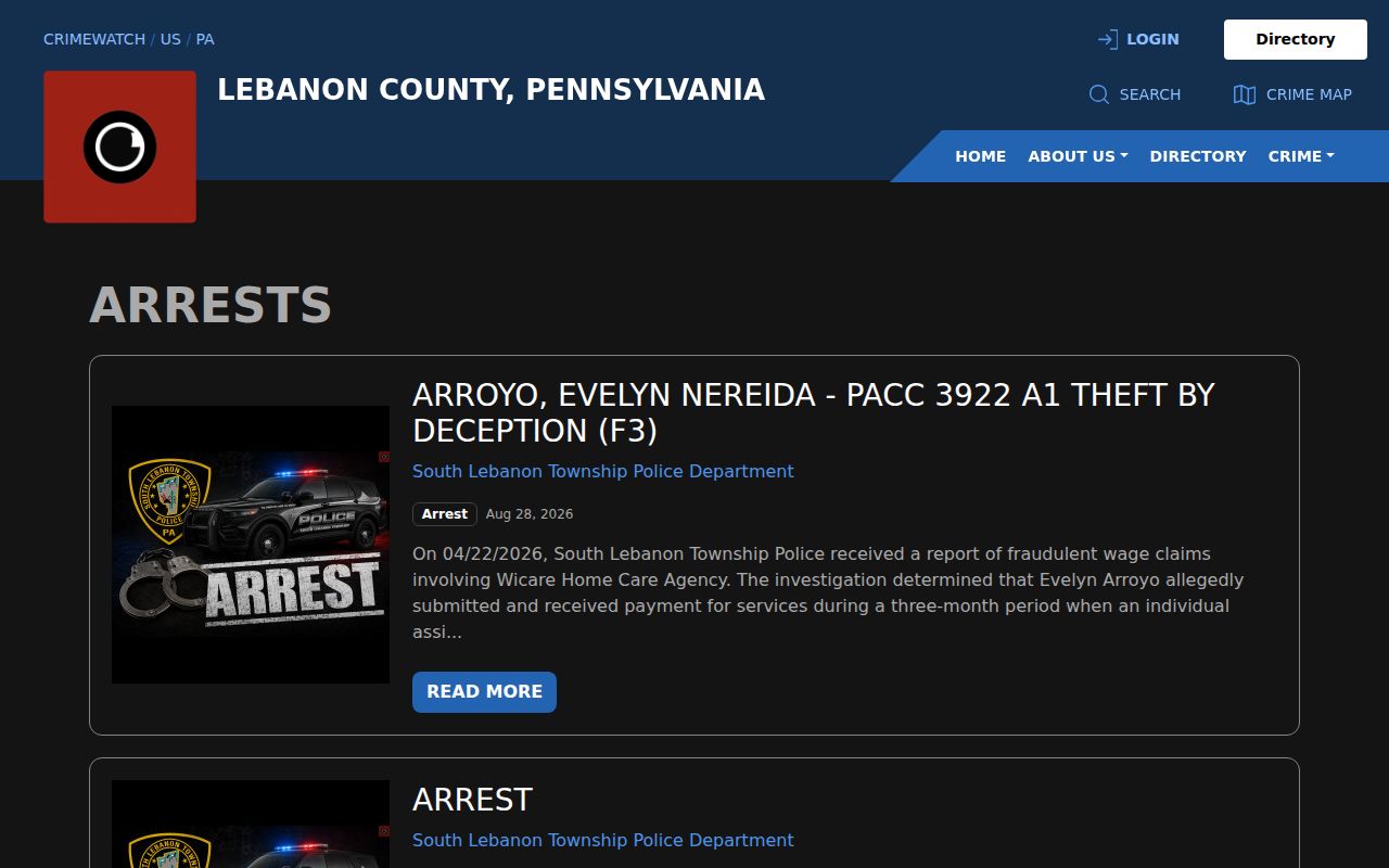 Official Lebanon County CRIMEWATCH arrests feed