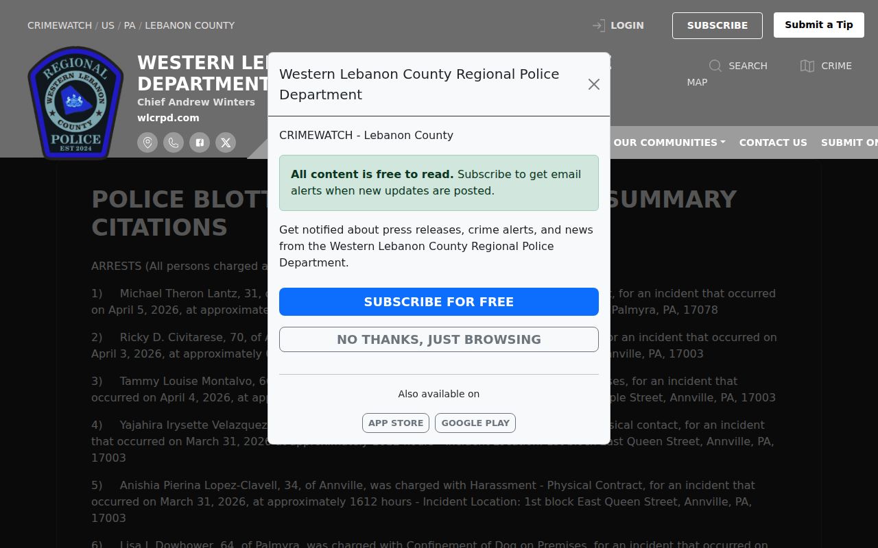 Official WLCRPD April 2026 police blotter page